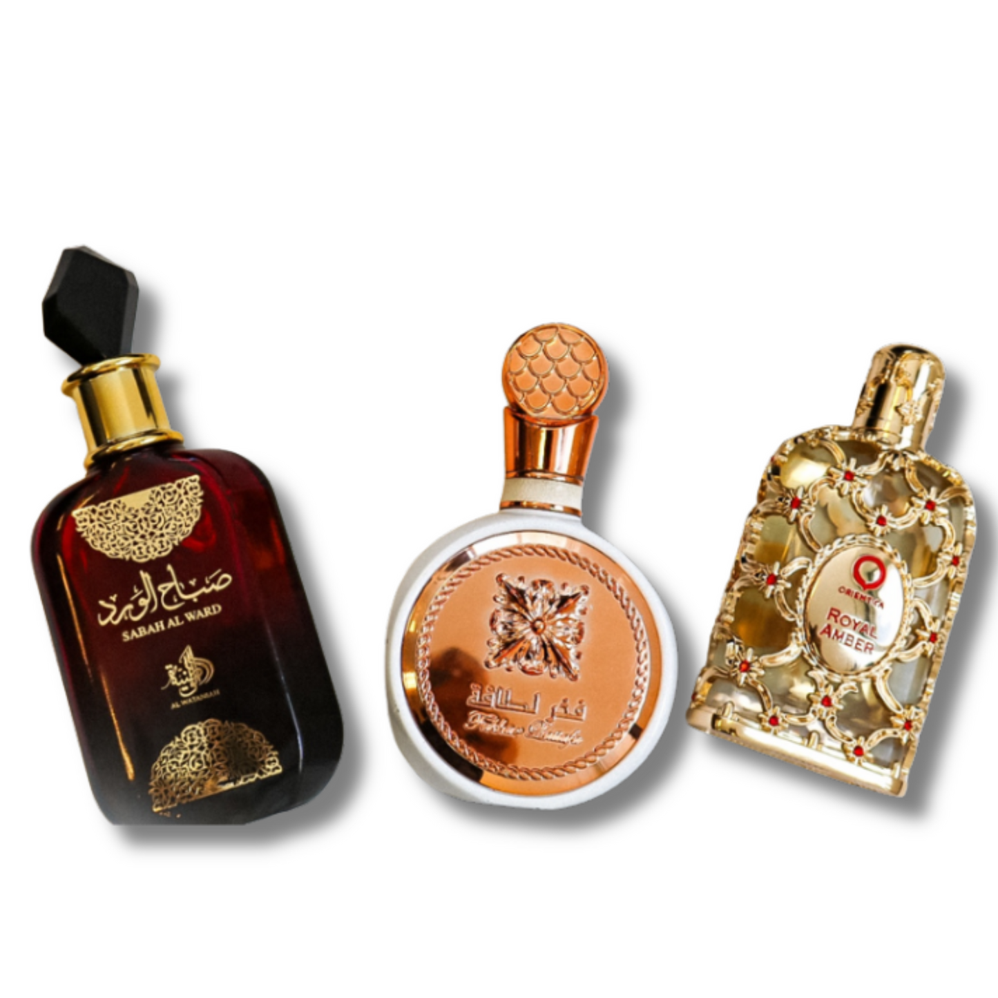 Conjunto 3 Perfumes | Sabah Al Ward 100 ml, Fakhar 100 ml, Royal Amber 100 ml