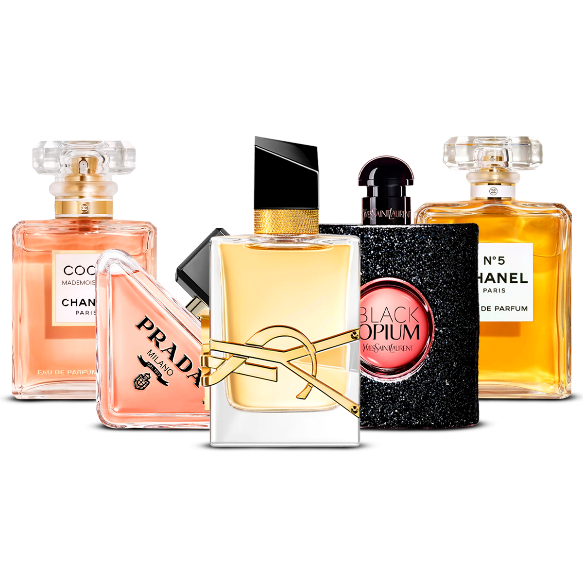 Conjunto de 5 Perfumes – Coco Mademoiselle, Prada Paradoxe, Libre, Black Opium e Chanel N°5 [100 ml cada um]