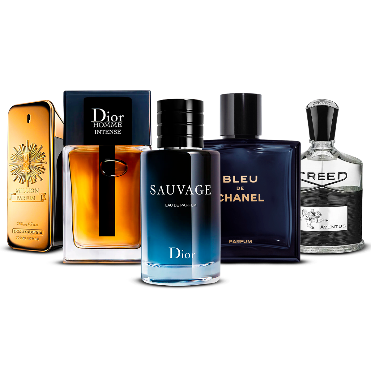Conjunto de 5 Perfumes – 1 Million, Dior Homme Intense, Sauvage, Bleu de Chanel e Creed Aventus [100 ml cada um]