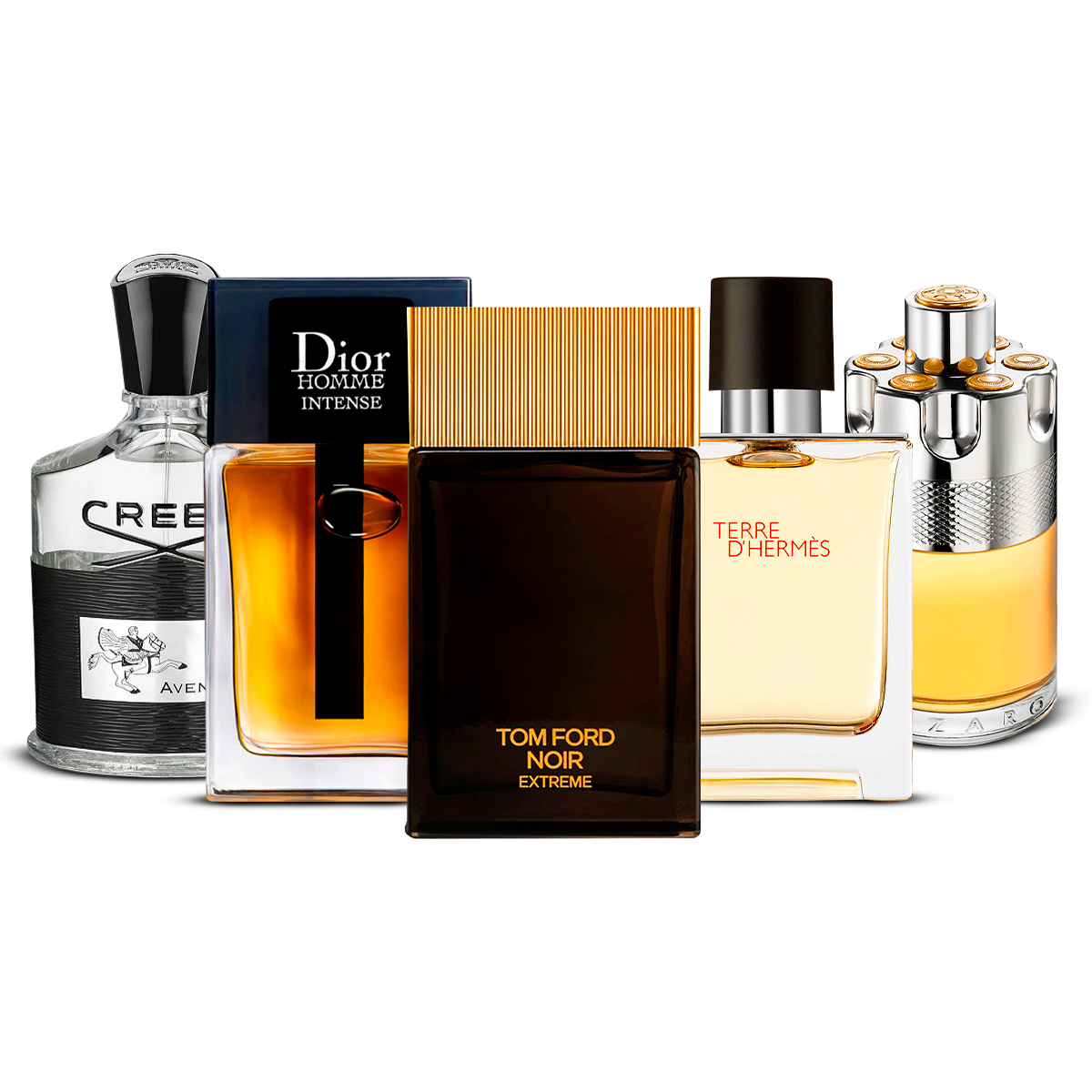 Conjunto de 5 Perfumes – Creed Aventus, Dior Homme Intense, Tom Ford Noir Extrême, Terre d'Hermès e Azzaro Wanted [100 ml cada um]