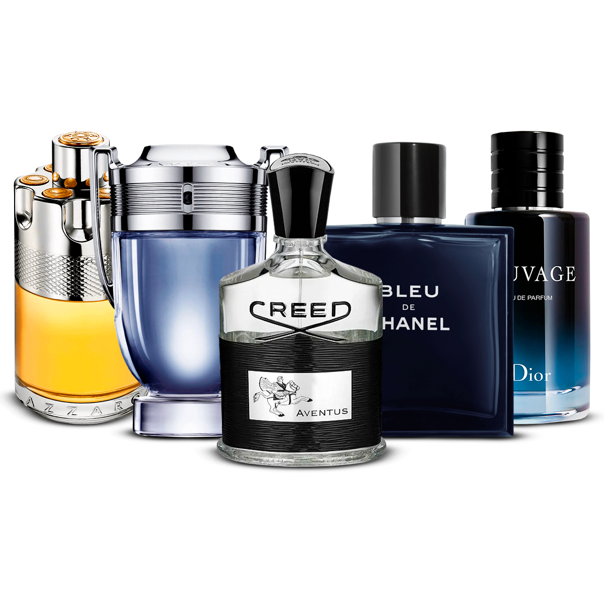 Conjunto de 5 Perfumes – Azzaro Wanted, Invictus, Creed Aventus, Bleu de Chanel e Sauvage [100 ml cada um]