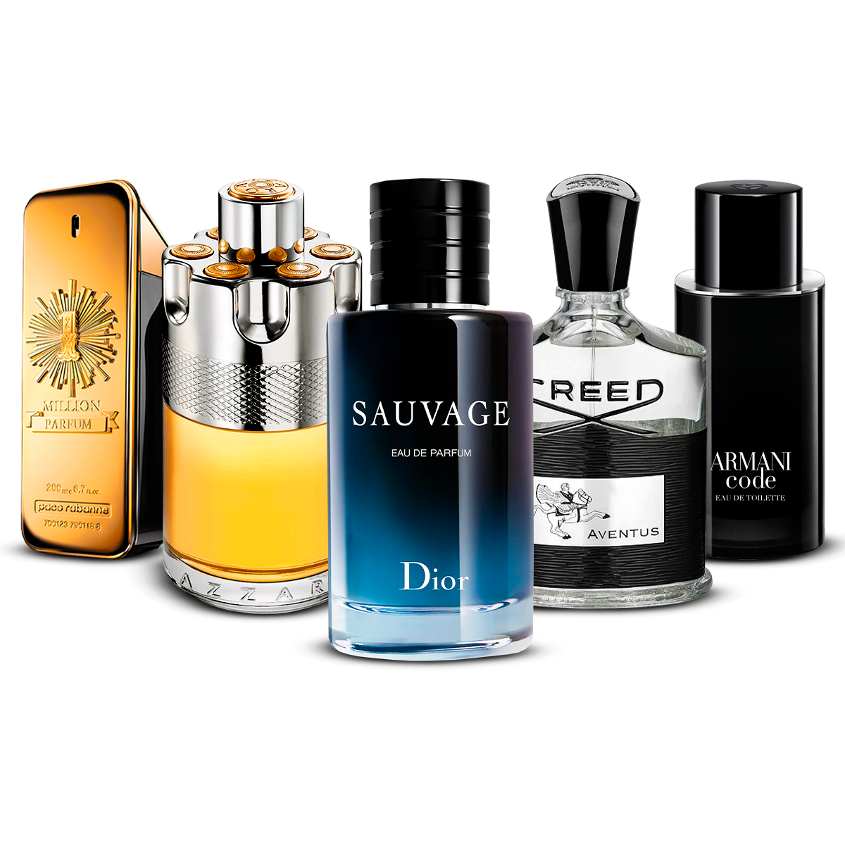 Conjunto de 5 Perfumes – 1 Million, Azzaro Wanted, Sauvage, Creed Aventus e Armani Code [100 ml cada um]